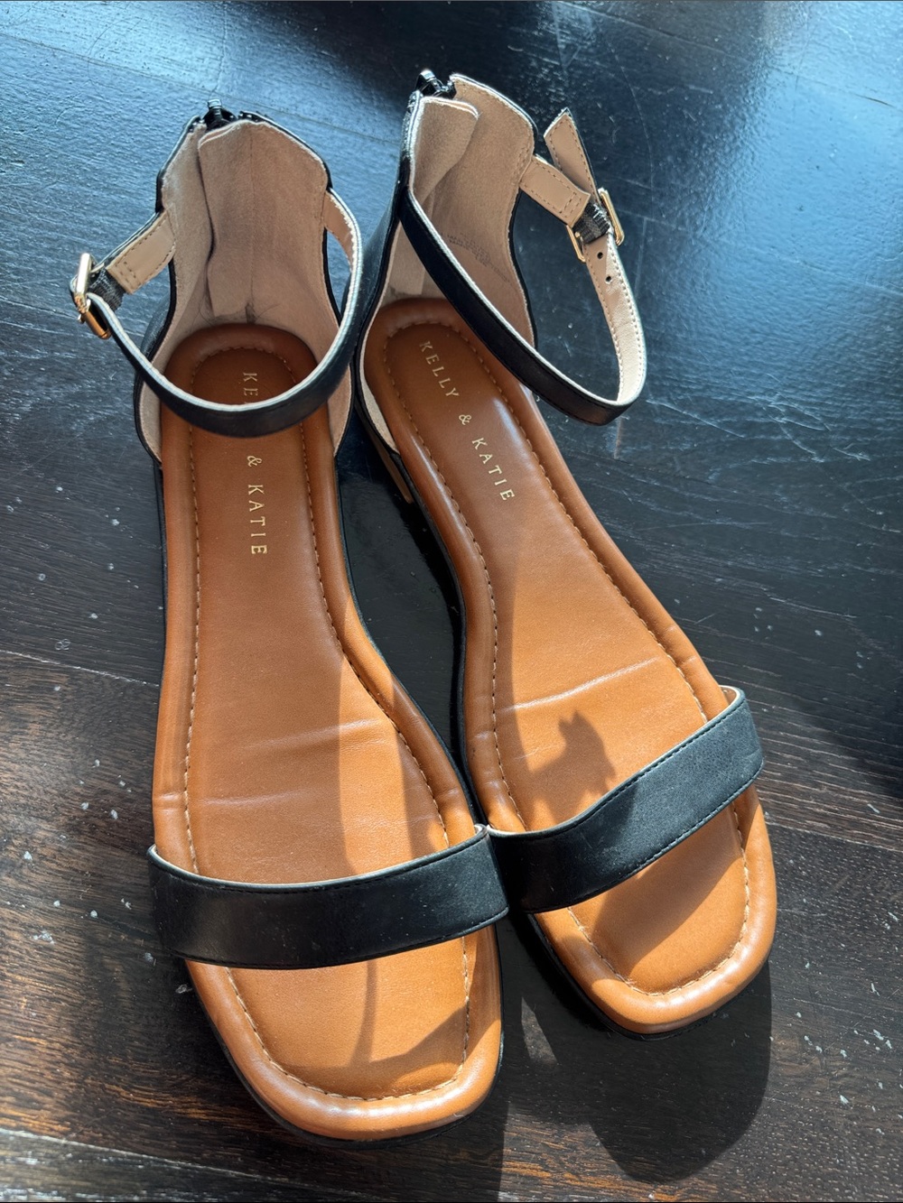 Kelly & Katie Black and Tan Ankle-Strap Flat Sandals
